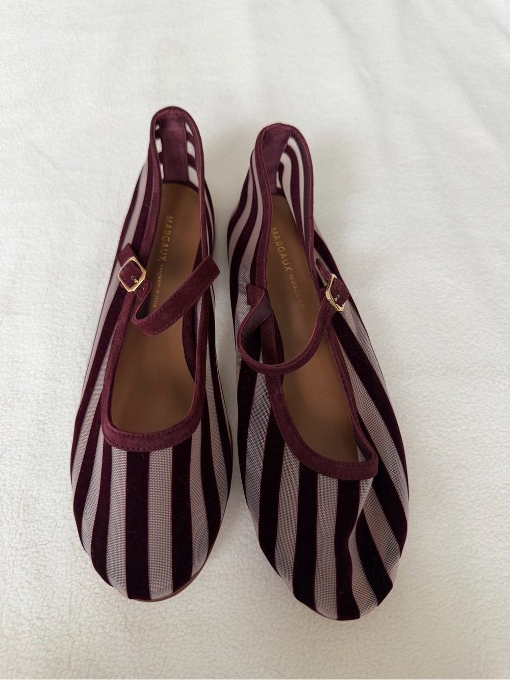 Margaux Burgundy and Cream Striped Mary Jane Flats with Buckle
